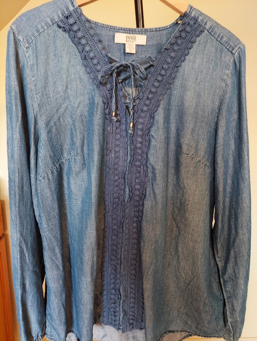 Vintage America Blues Denim Peasant Top Sz XL Carmella" style
